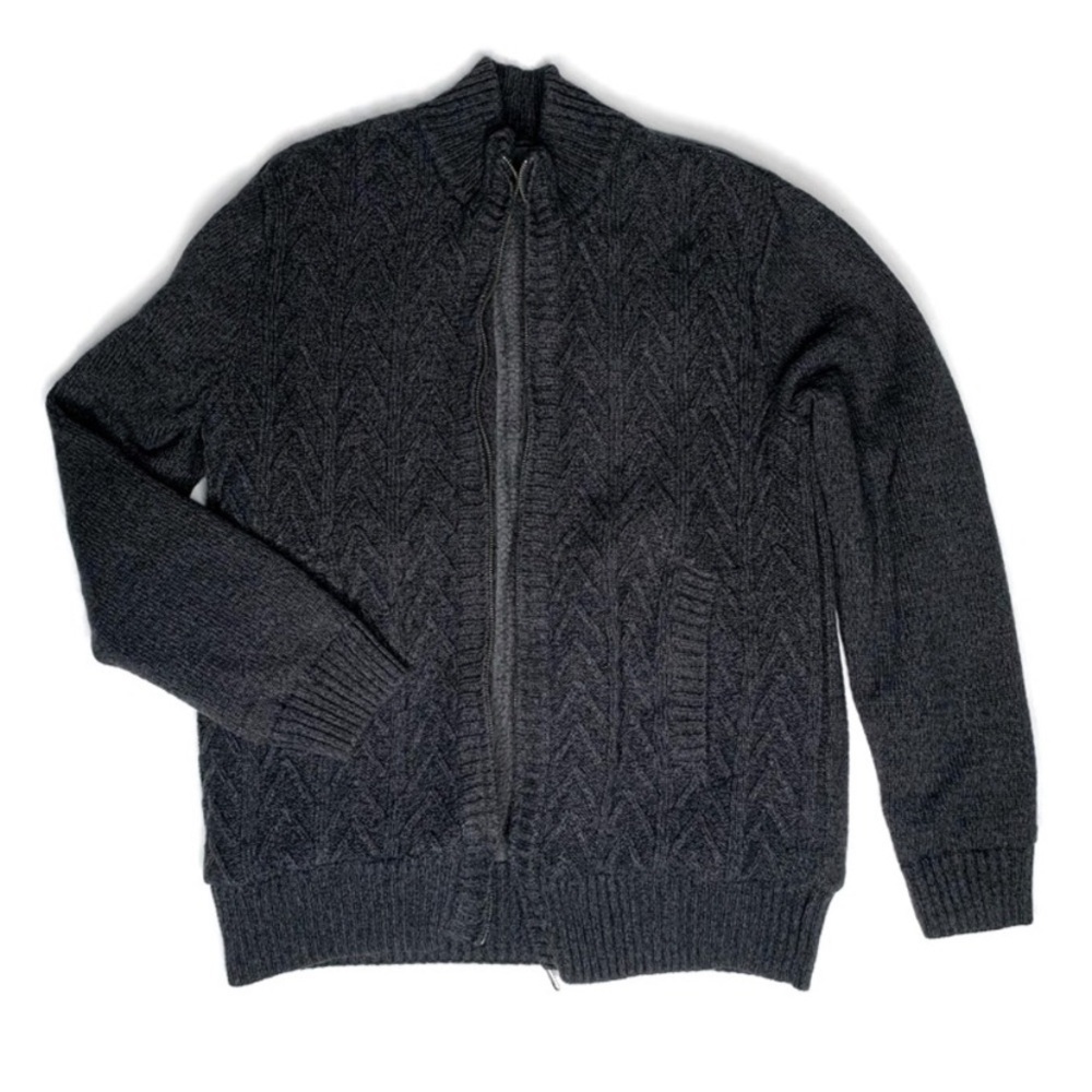 Ike Behar mens M Cotton Cable Knit Teddy lined Sweater Zip-Up Jacket dark grey‎